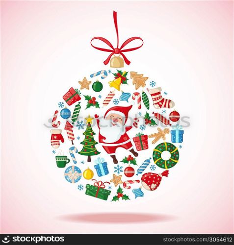 Christmas and New Year Card in the shape of Christmas ball in flat style. Traditional symbols. Vector illustration.. Christmas and New Year Card.