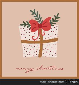 Christmas and new year card with merry christmas lettering. Illustration of christmas present with bow in retro style 