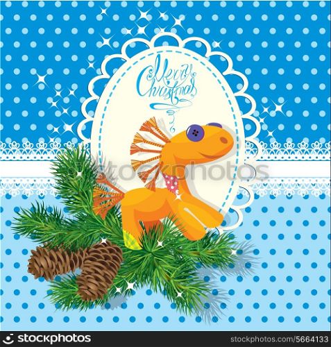 Christmas and New Year card with soft horse toy and fir tree branches on seamless polka dots background. Oval frame for holiday design.