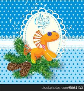 Christmas and New Year card with soft horse toy and fir tree branches on seamless polka dots background. Oval frame for holiday design.
