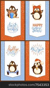 Christmas and New Year cards with funny penguins. Arctic birds in scarf and hats with bubo, mitten and gift box, gyroscooter and ice cream vector. Christmas and New Year Cards with Funny Penguins