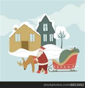 Christmas and New Year celebration, Santa Claus with reindeer and sleigh full of presents for kids. Cityscape with town houses and trees covered with snow. Winter holidays. Vector in flat style. Reindeer and Santa Claus with sleigh, xmas fun