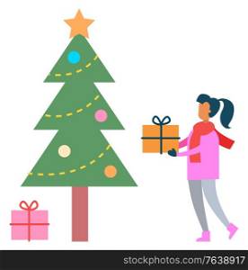 Christmas and new year celebration vector, isolated pine tree decorated with baubles, star and garlands. Girl carrying gift to spruce. Box with wrapping and ribbon. Xmas and winter holidays flat style. Kid Carrying Present to Tree, Winter Holidays