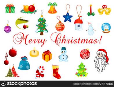 Christmas and New Year design elements with gifts, Santa, snowman, New Year pine trees, balls