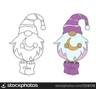 Christmas and New Year doll for coloring book, printing and stamp, silicone mold, applique and creative design. Empty outline and colored silhouette, flat style.