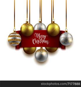 Christmas and New Year festive background design, decorative gold balls and red ribbon, vector illustration