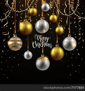 Christmas and New Year festive background design, decorative gold balls with confetti, vector illustration