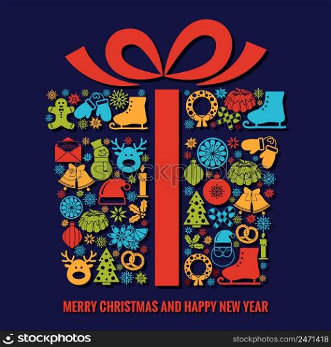 Christmas and New Year greeting card template with a selection of coloruful seasonal silhouette icons arranged in the shape of a Xmas gift box with ribbon with text below