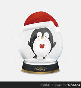 Christmas and New Year greeting card with penguin play ice skating in transparent crystal ball with red Santa hat.Vector illustration cute ornament Snow Globe 3d Sphere for Holiday 2022 background