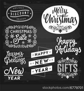 Christmas and New Year greetings badges on chalkboard. EPS-10 vector with transparency.