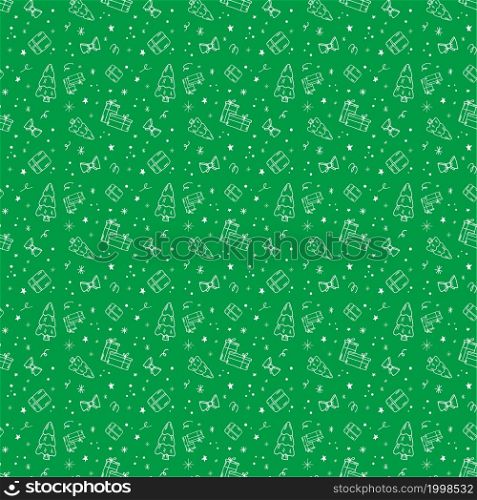 Christmas and New Year Hand-drawn seamless pattern of vector doodles set on green background. Christmas and New Year Handdrawn seamless pattern of vector doodles set on green background