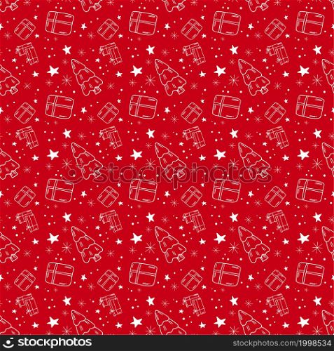 Christmas and New Year Hand-Drawn seamless pattern of vector doodles set on red background. HandDrawn Christmas seamless pattern of vector doodles set