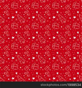 Christmas and New Year Hand-Drawn seamless pattern of vector doodles set on red background. HandDrawn Christmas seamless pattern of vector doodles set