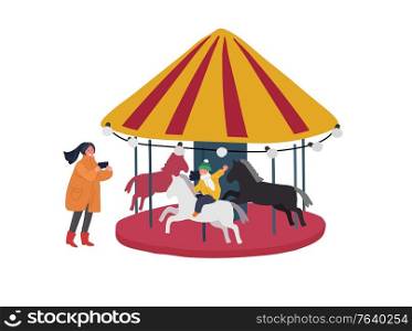 Christmas and New Year holiday fair with happy family on winter. Mother takes photo of her child daughter riding a pony carousel. Winter festive isolated Vector cartoon illustration. Christmas and New Year holiday fair with happy family on winter. Mother takes photo of her child daughter riding a pony carousel. Winter festive isolated Vector cartoon
