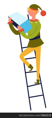 Christmas and new year holiday, isolated elf xmas character holding piece of paper and reading standing on ladder. Celebration and greeting with winter season. Vector in flat style illustration. Elf with list standing on ladder, xmas character