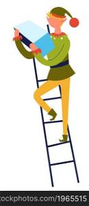 Christmas and new year holiday, isolated elf xmas character holding piece of paper and reading standing on ladder. Celebration and greeting with winter season. Vector in flat style illustration. Elf with list standing on ladder, xmas character