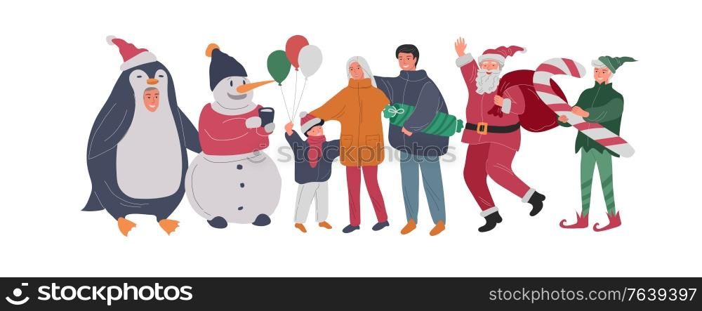 Christmas and New Year holiday set with Santa, elf, penguin and snowman portrait photo with happy family. Mother father with children with animator in christmas costume. Vector cartoon illustration. Christmas and New Year holiday set with Santa, elf, penguin and snowman portrait photo with happy family. Mother father with children with animator in christmas costume. Vector cartoon