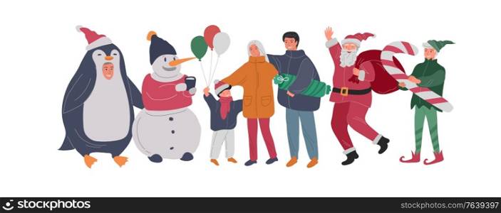 Christmas and New Year holiday set with Santa, elf, penguin and snowman portrait photo with happy family. Mother father with children with animator in christmas costume. Vector cartoon illustration. Christmas and New Year holiday set with Santa, elf, penguin and snowman portrait photo with happy family. Mother father with children with animator in christmas costume. Vector cartoon