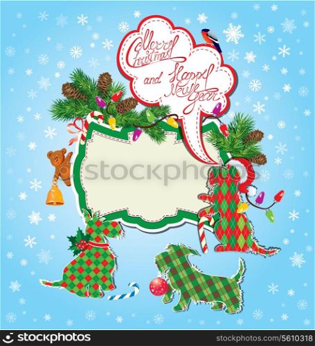 Christmas and New Year holidays card with funny scottish terrier dogs - toys, fir tree branches and empty frame for text