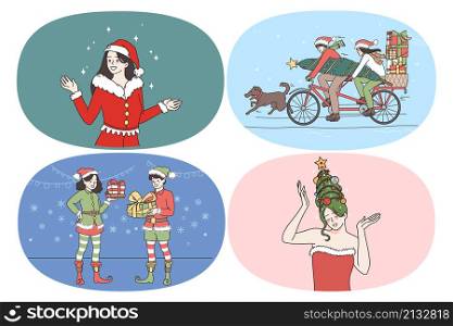Christmas and New year holidays concept. Set of young happy people wearing festive costumes carrying presents holding boxes and decorated traditional tree for holidays vector illustration. Christmas and New year holidays concept.