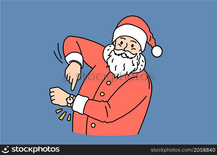 Christmas and New year holidays concept. Smiling Santa Claus in traditional red costume and cap standing and pointing in hand watch meaning new year coming vector illustration. Christmas and New year holidays concept