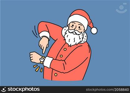 Christmas and New year holidays concept. Smiling Santa Claus in traditional red costume and cap standing and pointing in hand watch meaning new year coming vector illustration. Christmas and New year holidays concept