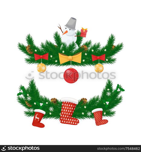 Christmas and New Year holidays decorations isolated vector icon. Color balls with bows, lights, snowman on spruce branches, Santa stockings red socks. Christmas, New Year Holidays Decorations Isolated