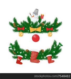 Christmas and New Year holidays decorations isolated vector icon. Color balls with bows, lights, snowman on spruce branches, Santa stockings red socks. Christmas, New Year Holidays Decorations Isolated