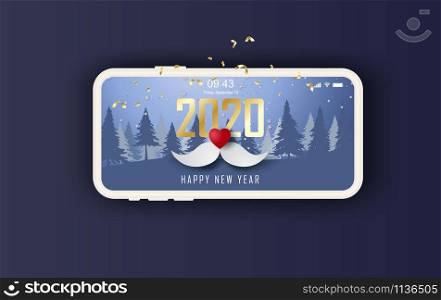 Christmas and New Year horizontal banner.Smartphone shopping online background with Mustache red heart.Paper cut and craft style.Landscape snowflakes .Holiday wintwer season Vector illustration.