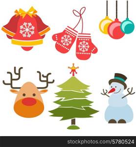 Christmas and New Year icons bell gloves balls tree and snowman in cartoon design style