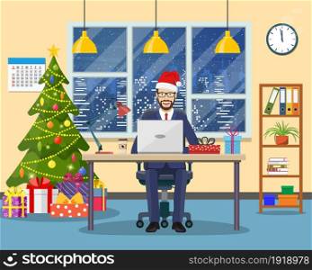 Christmas and New Year in modern office workplace interior. businessman, working at computer in office. Merry christmas holiday. New year and xmas celebration Vector illustration in a flat style .. Christmas and New Year in modern office