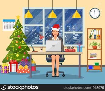 Christmas and New Year in modern office workplace interior. businesswoman, working at computer in office. Merry christmas holiday. New year and xmas celebration Vector illustration in a flat style .. Christmas and New Year in modern office