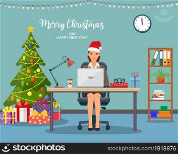 Christmas and New Year in modern office workplace interior. businesswoman, working at computer in office. Merry christmas holiday. New year and xmas celebration Vector illustration in a flat style .. Christmas and New Year in modern office