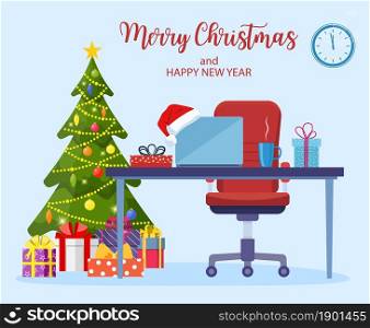 Christmas and New Year in modern office workplace interior Merry christmas holiday. New year and xmas celebration Vector illustration in a flat style. Christmas and New Year in modern office workplace