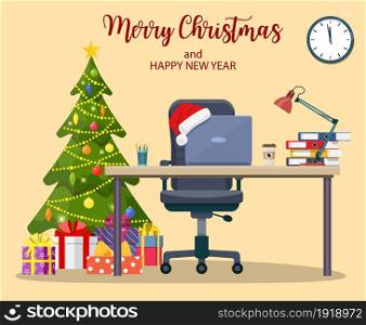 Christmas and New Year in modern office workplace interior. Merry christmas holiday. New year and xmas celebration Vector illustration in a flat style .. Christmas and New Year in modern office