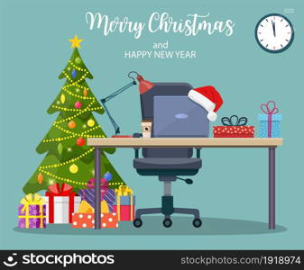 Christmas and New Year in modern office workplace interior. Merry christmas holiday. New year and xmas celebration Vector illustration in a flat style .. Christmas and New Year in modern office