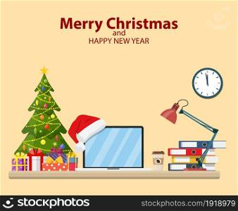 Christmas and New Year in modern office workplace interior. Merry christmas holiday. New year and xmas celebration Vector illustration in a flat style .. Christmas and New Year in modern office