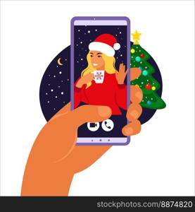 Christmas and New Year online celebration using mobile phone. Party online, christmas video call. Vector illustration.