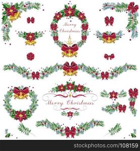 Christmas and New Year pine branches ornaments, frames, wreath set with red bows, ribbons, bells, berries, poinsettia. Vector.