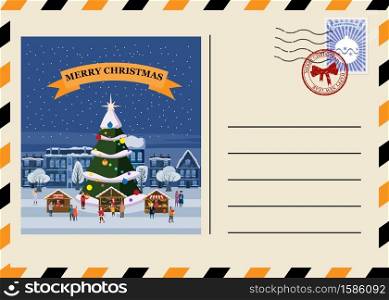 Christmas and New Year Postcard with stamps and mark. Christmas and New Year Postcard with stamps and mark. Night sity xmass tree market old town. Flat cartoon style vector illustration greeting card poster banner