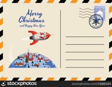 Christmas and New Year Postcard with stamps and mark. Christmas and New Year Postcard with stamps and mark. Santa Claus Rocket flies through the night sky above the Earth. Flat cartoon style vector illustration greeting card poster banner