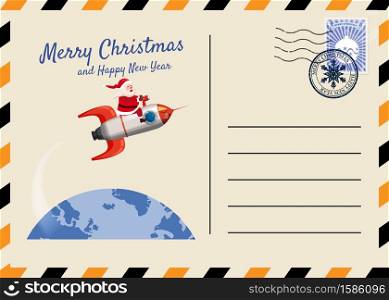 Christmas and New Year Postcard with stamps and mark. Christmas and New Year Postcard with stamps and mark. Santa Claus Rocket flies through the night sky above the Earth. Flat cartoon style vector illustration greeting card poster banner