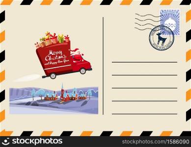 Christmas and New Year Postcard with stamps and mark. Van flies through the night sky. Christmas and New Year Postcard with stamps and mark. Van flies through the night sky above the Earth Santa Claus as the driver delivering gifts. Flat cartoon style vector illustration greeting card poster banner