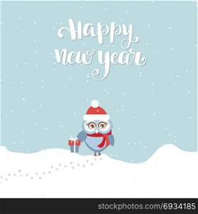 Christmas and New Year&rsquo;s card. New Year&rsquo;s Greeting card with cute small owl on blue and snow background holding present box with bow. Lettering text Happy New Year