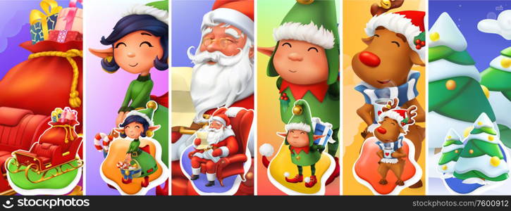 Christmas and New Year. Santa Claus, sleigh, elves, christmas tree. 3d vector background