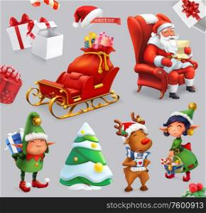 Christmas and New Year. Santa Claus, sleigh, gifts, deer, elves, christmas tree. 3d vector icon set