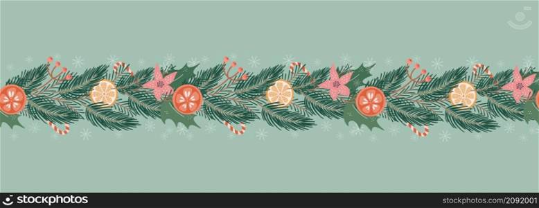 Christmas and New Year seamless pattern with branches, flowers and decoration, cute and festive background, great for textiles, wrapping, banners, wallpapers. Vector design.. Christmas and New Year seamless pattern with branches, flowers and decoration, cute and festive background, great for textiles, wrapping, banners, wallpapers. Vector design