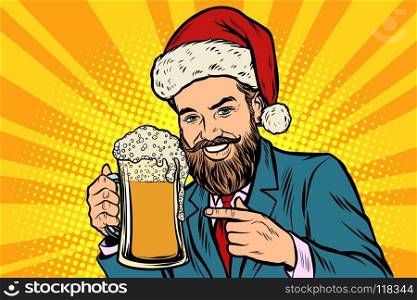 Christmas and New year. Smiling man with a mug of beer foam. Comic cartoon pop art retro vector illustration drawing. Christmas and New year. Smiling man with a mug of beer foam