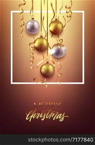 Christmas and New Year soft background design, decorative balls with shiny lights and confetti, vector illustration
