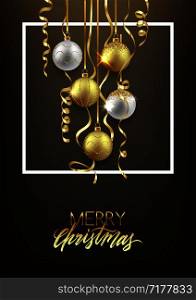Christmas and New Year soft background design, decorative gold balls with confetti, vector illustration